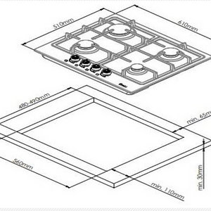 Cubierta a gas de 60cm de ancho  Encendido electrónico Controles frontales 4 quemadores a gas: 1 Rápido (3,0kw) 2 Semi-rápidos (1,75kw) 1 Auxiliar (1,0kw) Parrillas en hierro fundido Funcionamiento: 110 v / 60hz Revisar esquemas de empotre en el manual de instalación del producto