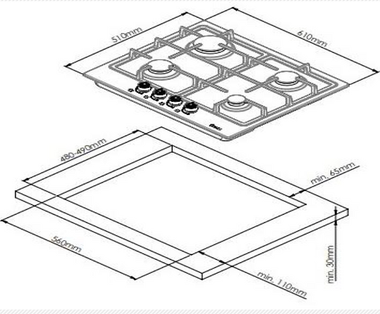 Cubierta a gas de 60cm de ancho  Encendido electrónico Controles frontales 4 quemadores a gas: 1 Rápido (3,0kw) 2 Semi-rápidos (1,75kw) 1 Auxiliar (1,0kw) Parrillas en hierro fundido Funcionamiento: 110 v / 60hz Revisar esquemas de empotre en el manual de instalación del producto