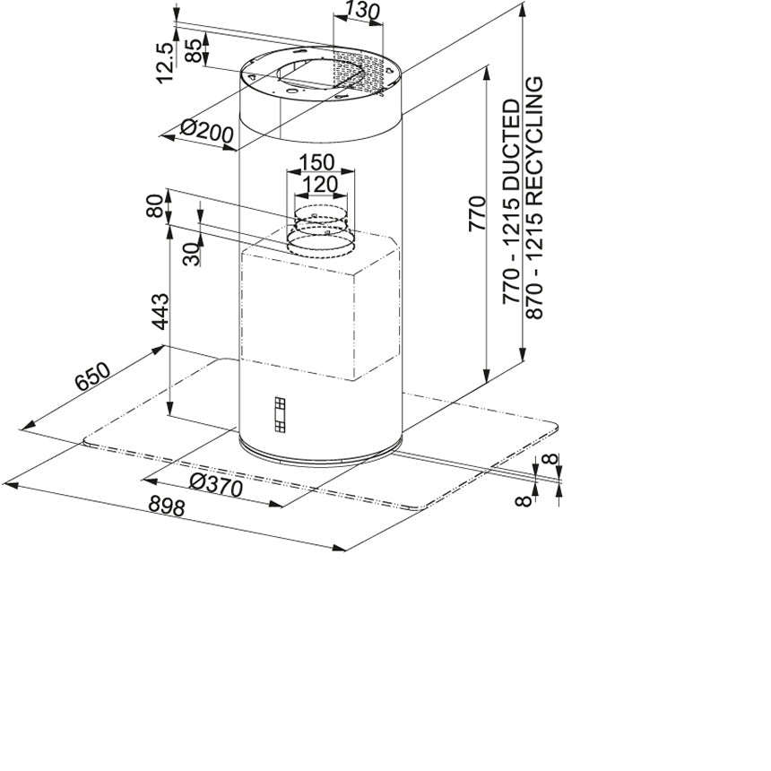 Extractor circular de isla - FTU 3707 PLUS I XS LED Voltaje: 220V Potencia máxima: 270 W Iluminación: 2x1W Led Control: Botón push Compatibilidad: con cubiertas hasta 90 cm de ancho Modo de instalación: Extractor Altura máxima piso a techo: 280 cm Altura mínima piso a techo: 237 cm Modo de instalación: Recirculante Altura máxima piso a techo: 280 cm Altura mínima piso a techo: 247 cm Velocidades: 3 + intensivo Clase Energética: A Extracción (int): 804 m3/h