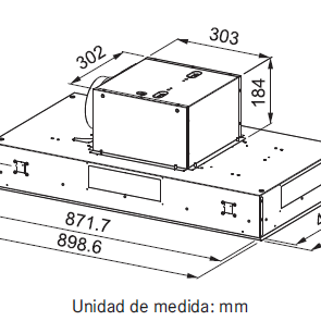 Extractor de Techo - FCBI 926 XS  Voltaje: 220V Potencia máxima: 274 w Iluminación: Barra LED Control: Botón o control remoto Compatibilidad: cubiertas hasta 90 cm de ancho Altura máxima cubierta-techo falso: 150cm Altura mínima cubierta-techo falso: 65cm Modo de instalación: Extractor o Recirculante Clase Energética: A Velocidades: 3 + intensivo