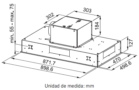 Extractor de Techo - FCBI 926 XS  Voltaje: 220V Potencia máxima: 274 w Iluminación: Barra LED Control: Botón o control remoto Compatibilidad: cubiertas hasta 90 cm de ancho Altura máxima cubierta-techo falso: 150cm Altura mínima cubierta-techo falso: 65cm Modo de instalación: Extractor o Recirculante Clase Energética: A Velocidades: 3 + intensivo