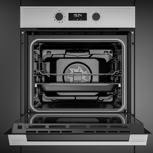 Horno Multifunción - HB605 SS  Voltaje: 220 V Frecuencia: 60 Hz Requiere polo a tierra: Si Potencia nominal máxima: 2615 W Amperaje: 11,89A Clasificación energética: A Capacidad: 70 l Teclado: Botón giratorio Calentamiento rápido: Si Hydroclean: Si Función ECO: Si Ventilación tangencial: Si Vidrios en la puerta: 2 Horno de convección: Si