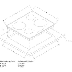 "CUBIERTA ELECTRICA INDUCCION 60CM 4 quemadores de inducción 2 de 2.100 watts y 2 de 1.200 watts 10 niveles de potencia para graduar la temperatura Sensor inteligente de recipientes Superficie en vitrocerámica color negro Sistema de seguridad Luz de encendido y Panel de control digital Función BOOSTER que permite hervir agua en menos de 2"" minutos Voltaje 220v "