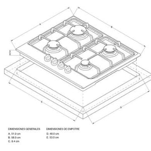 CUBIERTA ACERO 60CM GAS PROPANO  -Las perillas frontales con acabado de acero inoxidable son muy fáciles y cómodas de usar.  -Parillas en Hierro Fundido Material de la cubierta acero inoxidable de fácil limpieza.  -Encendido de quemadores eléctricos a 110v.  -1 quemador super 9.950 BTU  -2 quemadores estándar 5.970 BTU  -1 quemador simmer 3.410 BTU