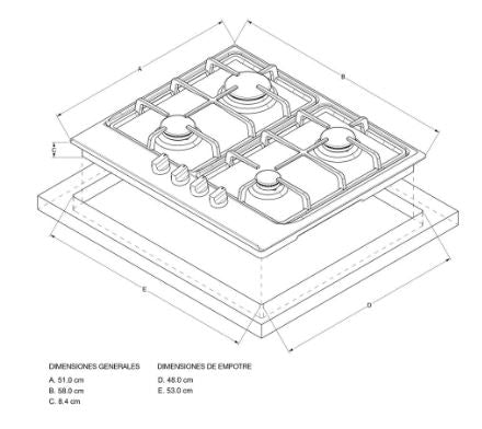 CUBIERTA ACERO 60CM GAS PROPANO  -Las perillas frontales con acabado de acero inoxidable son muy fáciles y cómodas de usar.  -Parillas en Hierro Fundido Material de la cubierta acero inoxidable de fácil limpieza.  -Encendido de quemadores eléctricos a 110v.  -1 quemador super 9.950 BTU  -2 quemadores estándar 5.970 BTU  -1 quemador simmer 3.410 BTU