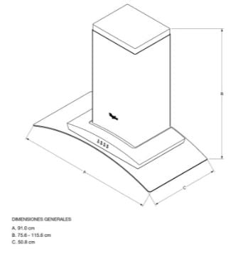 CAMPANA PARED 90CM  Campana tipo pared en acero inoxidable con vidrio curvo de 90cm  Capacidad de absorción 780 m3 por hora  4 velocidades  1 filtros para grasa lavable  2 luces halógenas  Opción para convertir a recirculación  Voltaje 110v