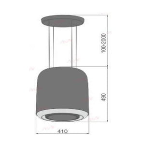 Campana de Isla cilíndrica de 41 cm  Capacidad absorción 750 m3/h Pantalla de comando touch control Potencia: 218W Tres (3) velocidades Salida de aire: 150 mm Lámparas LED 12V,8W1 Filtros de carbón activo 1 Filtro de Aluminio Funcionamiento: 110V Frecuencia: 60Hz Dimensiones:410x490mm Cuerpo en poliestireno flexible de alta resistencia No incluye ducto al exteriorRevisar esquemas de empotre en el manual de instalación del producto