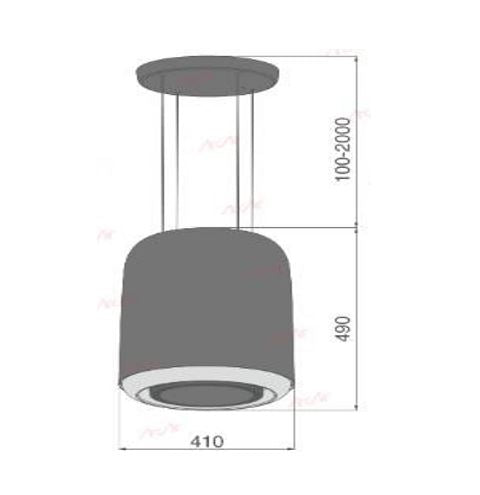 Campana de Isla cilíndrica de 41 cm  Capacidad absorción 750 m3/h Pantalla de comando touch control Potencia: 218W Tres (3) velocidades Salida de aire: 150 mm Lámparas LED 12V,8W1 Filtros de carbón activo 1 Filtro de Aluminio Funcionamiento: 110V Frecuencia: 60Hz Dimensiones:410x490mm Cuerpo en poliestireno flexible de alta resistencia No incluye ducto al exteriorRevisar esquemas de empotre en el manual de instalación del producto