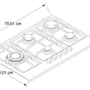 CUBIERTA ACERO 76CM GAS PROPANO  -Las perillas frontales con acabado de acero inoxidable son muy fáciles y cómodas de usar.  -3 Parrillas en Hierro Fundido Material de la cubierta acero inoxidable de fácil limpieza.  -Encendido de quemadores eléctricos a 110v.  -1 quemador triple 10.615 BTU incluye adaptador para WOK .  -1 quemador super 10.236 BTU.  -2 quemadores estándar 5.970 BTU.  -1 quemador simmer 3.410 BTU