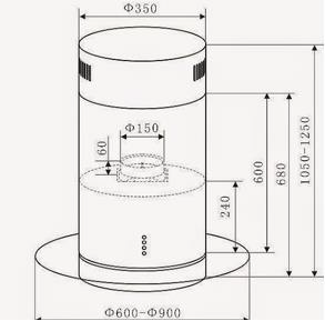 Campana de pared 90 cm  Vidrio cuadrado de seguridad Capacidad absorción 1000 m3/h Tres (3) velocidades Switch eléctrico Lámparas Halogenas 3*1 W Filtro de carbón activo Medida del ducto: 93 cm (No extensible) Una (1) trampa antigrasa en aluminio Funcionamiento: 110V Frecuencia: 60Hz No Incluye Ducto exterior Revisar esquemas de empotre en el manual de instalación del producto