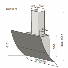 Campana de pared Horizontal de 90 cm  Capacidad absorción 750 m3/h Versión filtrante o aspirante Touch control Potencia: 213W Tres (3) velocidades Lámparas LED 2*1,5 W No incluye filtros de carbón activo Trampa antigrasa en aluminio lavables Vidrio templado negro de seguridad Funcionamiento: 110V Frecuencia: 60Hz Dimensiones: 900x440x500mm incluye ducto al exterior