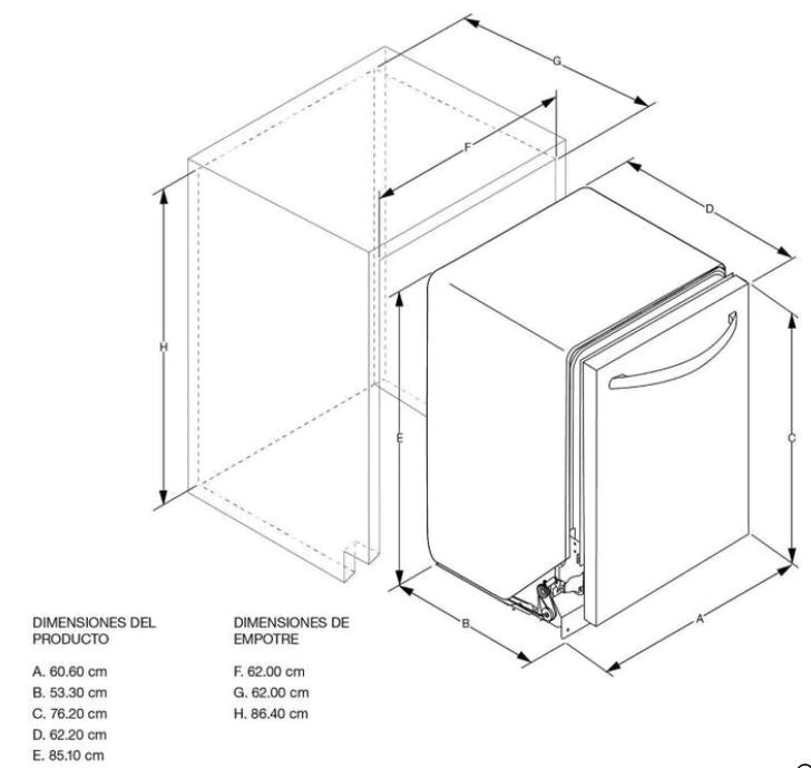 LAVAVAJILLAS EMPOTRE ACERO INOX  Lavavajillas 75 piezas  Sistema de triple filtración para eliminar residuos  Sensor de suciedad  3 ciclos automáticos y 5 opciones de lavado  Canasta para cubiertos inferior  Material interior en acero inoxidable  Manija estilizada en acero  Programa hasta 4 horas de retraso  Opción de recordar el ultimo ciclo de lavado  Opción de remojo y limpieza  Nivel de ruido 55db  Certificado por energy star  Voltaje 110v