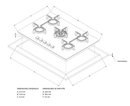 CUBIERTA CRISTAL 60CM GAS NATURAL  -Cubierta de vitrocerámica y parrillas de hierro fundido Válvula de seguridad   -Tipo de quemadores doble llama deffendi casa italiana de mayor durabilidad  -Perillas en PVC de alta resistencia al calor y mayor durabilidad  -Cocción uniforme con todos sus quemadores especializados