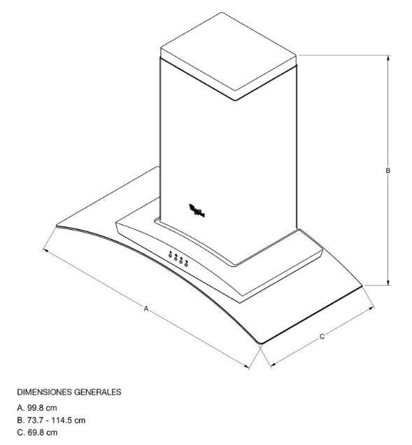 CAMPANA ISLA 90CM  Campana en acero inoxidable con cristal curvo capacidad de extracción 617m3  Filtro lavable de carbón activado que ayuda con la eliminación de olores en el modo recirculante, Filtro lavable de aluminio.  Convertible a extracción o recirculación dependiendo tus necesidades Contróla fácilmente con el Panel de Control Soft Touch.  Función turbo boost: Con el 100% de extracción, se activa por 5 min y regresa automáticamente a la velocidad seleccionada previamente.  Voltaje de 110v