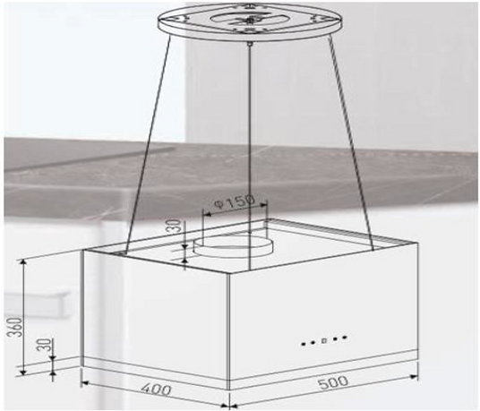 Campanas de isla de 50 cm  Vidrio Recto de seguridad negro Panel LED touch control AYD-051 Capacidad absorción 700 m3/h Tres (3) velocidades Switch eléctrico Lámparas LED 2*1.5W 1*5 Filtros antigrasa en aluminio Filtro de carbón activo Funcionamiento: 110V Frecuencia: 60Hz Revisar esquemas de empotre en el manual de instalación del producto