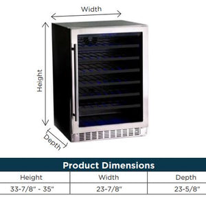 Centro de vino con puerta de vidrio de acero inoxidable de 24''  - Certificado para uso en interiores  - Puerta de campo reversible  - Puerta de vidrio relleno de argón de doble panel para eliminar la condensación  - Alarma de puerta abierta  - Control de pantalla digital  - lluminación interior LED azul  - 6 botelleros con frente de acero negro y deslizadores de extensión completa  - Mango de barra en T  - Ventilación inferior delantera de acero inoxidable