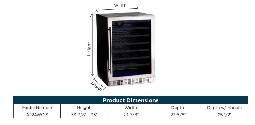 Centro de vino con puerta de vidrio de acero inoxidable de 24''  - Certificado para uso en interiores  - Puerta de campo reversible  - Puerta de vidrio relleno de argón de doble panel para eliminar la condensación  - Alarma de puerta abierta  - Control de pantalla digital  - lluminación interior LED azul  - 6 botelleros con frente de acero negro y deslizadores de extensión completa  - Mango de barra en T  - Ventilación inferior delantera de acero inoxidable