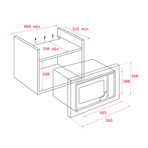 Microondas integrable inox - MS 620 BIS  Voltaje: 220V Frecuencia: 50/60Hz Potencia máxima: 1100 w Niveles de potencia: 5 Capacidad: 18 L Inicio rápido 30'': Si Función +1 minuto: Si Número de programas: 5 Menús: 3 Bloqueo de niños: Si Parrilla para grill: Si Función descongelar: Si