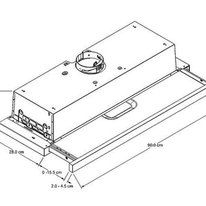 CAMPANA RETRACTIL 90CM  -Cuenta con tres velocidades de ventilador que proporcionan la ventilación correcta para cada comida.  -Diseño retráctil, La campana se abre cuando se necesita utilizar para tener una mayor cobertura del área de cocción  -Filtro de aluminio atrapagrasa que ayuda a eliminar olores, apto para lavar en lavavajillas  -Diseño minimalista que permite una optimización de espacios en la cocina y un aspecto moderno