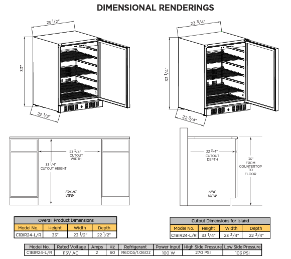 Refrigerador autónomo con clasificación al aire libre. Descongelamiento automático. Construcción de gabinete de acero inoxidable; interior blanco. Capacidad de 4.1 pies cúbicos. Luz interior y termostato manual ajustable. Ventilación frontal para aplicación incorporada - Para exterior.