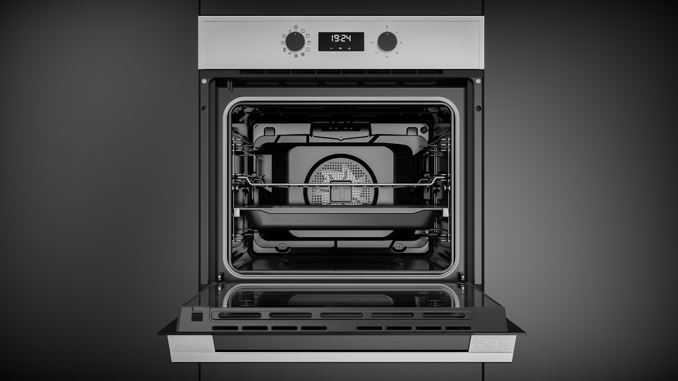 Horno Multifunción - HSB 635  Volaje: 220V Frecuencia: 50/60 Hz Potencia máxima: 2615w Capacidad: 70 l Ventilación dinámica: Si Clasificación energética: A+ Niveles de altura de cocción: 5 Horno de convección: Si Método de limpieza: Hydroclean Cristales en la puerta: 2 Guía telescópica: Si Función eco: Si Bloqueo de niños: Si Sistema antivuelco: Si Horno de convección: Si