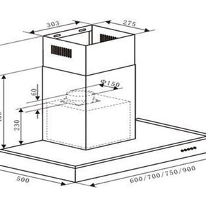 Campana de pared de 90 cms  Capacidad absorción 700 m3/h Tres (3) velocidades Switch eléctrico Lámparas Halogenas 2*20 W 2 Filtros de carbón activo 3 Filtros de Aluminio Funcionamiento: 110V Frecuencia: 60Hz No incluye ducto al exterior Revisar esquemas de empotre en el manual de instalación del producto