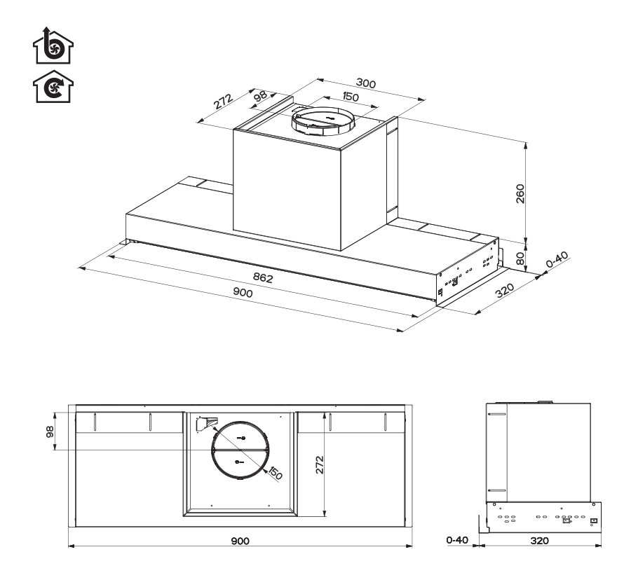 Extractor de mueble de 90cm - FST PLUS 908 X  Voltaje: 220V Potencia máxima: 230 W Iluminación: 2x1W Led Control: Botón push y giratorio Compatibilidad: con cubiertas hasta 90 cm de ancho Modo de instalación: Extractor o Recirculante Altura mínima mesón-campana: 50cm para cubierta inducción Altura mínima mesón-campana: 60cm para estufa de gas Clase Energética: A Velocidades: 3 Extracción (int): 660 m3/h Flujo libre: 890 m3/h