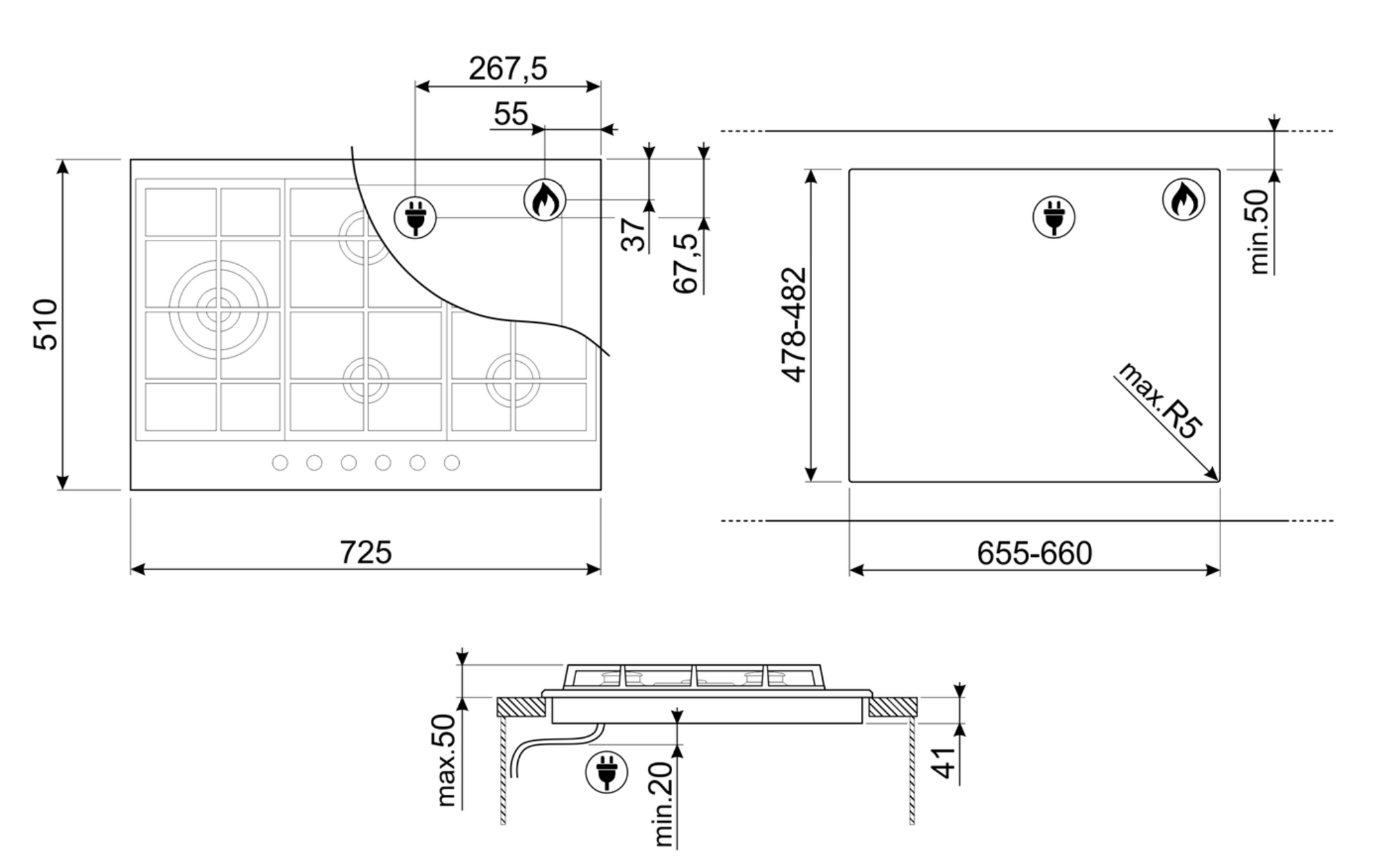 CUBIERTA GAS 73 CM - PX375LMB - SMEG