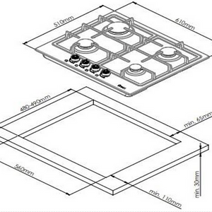 Cubierta a gas de vidrio templado negro  60 cm de ancho Encendido eléctrico Controles frontales 4 quemadores a gas: 1 triple corona (4,5kw) 2 semi-rápidos (2,0kw) 1 auxiliar (1,0kw) Parrillas de Hierro Funcionamiento: 110V Frecuencia: 60hz Revisar esquemas de empotre en el manual de instalación del producto