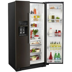 "NEVECON SIDE BY SIDE 639 LTS ACERO NEGRO Dispensador de agua automáticamente en onzas, tazas o litros. Puede elegir entre tres configuraciones programadas para dispensar una cantidad exacta espacio interior en el refrigerador con depósito de hielo que se monta en la puerta interior izquierda para permitir espacio adicional en los estantes. Iluminación LED,