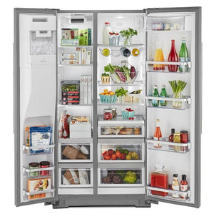 NEVECON SIDE BY SIDE 639 LTS ACERO INOX Dispensador de agua automáticamente en onzas, tazas o litros. Puede elegir entre tres configuraciones programadas para dispensar una cantidad exacta espacio interior en el refrigerador con depósito de hielo que se monta en la puerta interior izquierda para permitir espacio adicional en los estantes.