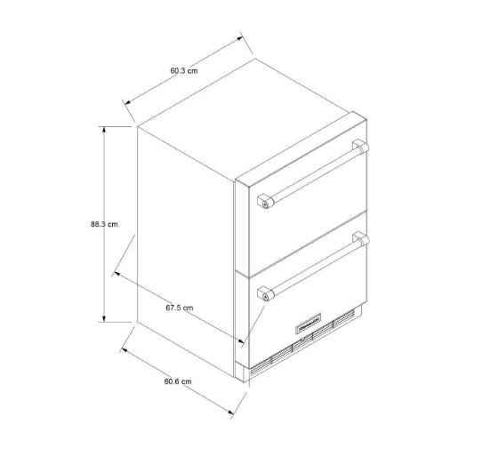 CAJON DOBLE REFRIGERADOR DE 60 CM ACERO INOX Luz interior LED. Dos zonas de temperatura controlada. Zona superior: hasta 2.2 p3 de capacidad con rango de 32°F (0°C) hasta 42°F (5.5°C) Zona inferior: hasta 2.5 p3 de capacidad con rango de 32°F (0°C) hasta 42°F (5.5°C) Control de temperatura en el interior sensible al tacto. Alarma de puerta abierta.