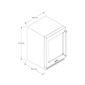 CAVA DE VINOS DE 60 CM ACERO Capacidad de 46 botella. 2 zonas con temperatura controlada. Zona superior (Vinos Blancos): Hasta 24 botellas con rango de 42°F (5°C) hasta 54°F (12°C) Zona inferior (Vinos Tintos): Hasta 22 botellas con rango de 42°F (5°C) hasta 64°F ( 17°C ) Control de temperatura en el interior sensible al tacto. Puerta de vidrio térmica con protección UV. 6 parrillas de deslizamiento. Satín Glide con vista frontal en madera. Alarma de puerta abierta.E-KUWR214KSB