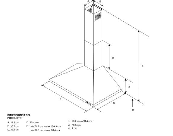 CAMPANA DE PARED 90CM ACERO INOX Superficie de acero inoxidable. Capacidad de extracción de 65.000 BTU Motor de 600 CFM. Opción de apagado automático después de 10” de extracción. 3 velocidades automáticas. Ventilación perimetral. Pantalla LCD con indicador de velocidad 2 luces LED / 1 luz halógena. Filtro lavable en lavavajillas. Extractora convertible a recirculadora no incluye el kit.