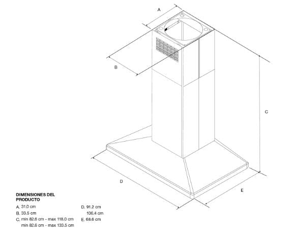 CAMPANA DE ISLA 91CM ACERO INOX Diseño de ventilación perimetral. Función Boost 10 min : Enciende el ventilador a la máxima velocidad se apaga automáticamente después de 10 minutos. Modo de Reposo : Después de 10 min de inactividad , los controles y luces se apagan. Umbral : 1.020 M3 / H 65K BTU. Permite controlar de manera eficiente hasta una potencia total de 65K BTU.