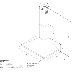 CAMPANA DE PARED 76CM ACERO NEGRO Superficie de acero inoxidable. Capacidad de extracción de 65.000 BTU. Motor de 600 CFM. Opción de apagado automático después de 10” de extracción. 3 velocidades automáticas. Ventilación perimetral. Pantalla LCD con indicador de velocidad 2 luces LED / 1 luz halógena. Filtro lavable en lavavajillas. Extractora convertible a recirculadora no incluye el kit.