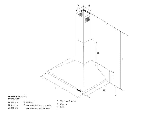 CAMPANA DE PARED 76CM ACERO NEGRO Superficie de acero inoxidable. Capacidad de extracción de 65.000 BTU. Motor de 600 CFM. Opción de apagado automático después de 10” de extracción. 3 velocidades automáticas. Ventilación perimetral. Pantalla LCD con indicador de velocidad 2 luces LED / 1 luz halógena. Filtro lavable en lavavajillas. Extractora convertible a recirculadora no incluye el kit.