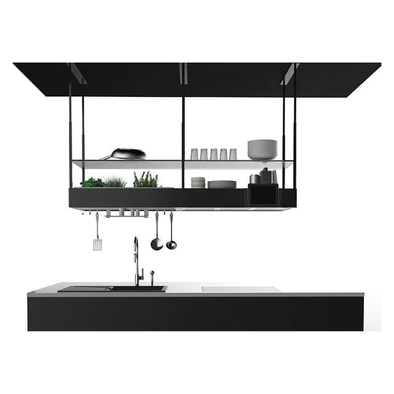    	 Campana de isla 180 cm color negro  - Acabado Negro - Tecnología Circle Tech con filtros Carbon.Zeo - Estanteías de Cristal ahumado - Iluminación LED - Filtro metálico extraíble y lavable Equipado con tomas de Corriente y puertos USB Diversos Accesorios disponibles: colgadores, estante de especias, soporte para tablet Mando a distancia Incluído Motor y Controles