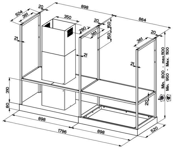 Extractor de Isla - T-Shelf  Voltaje: 220V Potencia máxima: 250W Iluminación: Barra LED Control: Botón Compatibilidad: cubiertas hasta 90 cm de ancho Altura mínima cubierta-campana: 65cm Modo de instalación: Extractor o Recirculante Clase Energética: A Velocidades: 3 + intensivo Función delay: No Extracción (int): 900 m3/h Flujo libre: 1216 m3/h Peso máximo en estantes lado derecho: 15kg