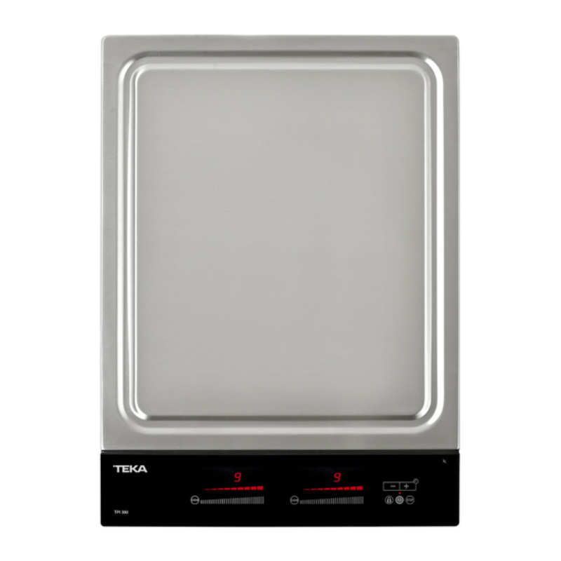 Teppanyaki inducción modular - TPI380  Voltaje: 220 V Requiere polo a tierra: Si Frecuencia: 60 Hz Potencia nominal máxima: 2800 W Temperatura máxima: 220 °C Material: Cristal cerámico, plancha colaminada en acero inoxidable Panel de control: Touch Zona flexi: Si Zonas de cocción: 2 Niveles de potencia: 10 Temporizador: Si Función stop & go: Si Función limpieza: Si Indicador calor residual: Si Seguridad por termopar: Si