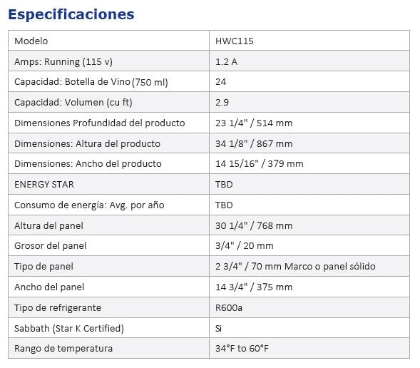 15” Refrigerador de vinos con marco de acero  El sistema de enfriamiento por convección proporciona un enfriamiento rápido y una temperatura constante • Interior negro • La puerta de vidrio termopane doble, llena de gas argón, recubierta de LowE, brinda protección contra la luz ultravioleta dañina • Puerta y manija envolventes de acero inoxidable (7/8 ”de diámetro)