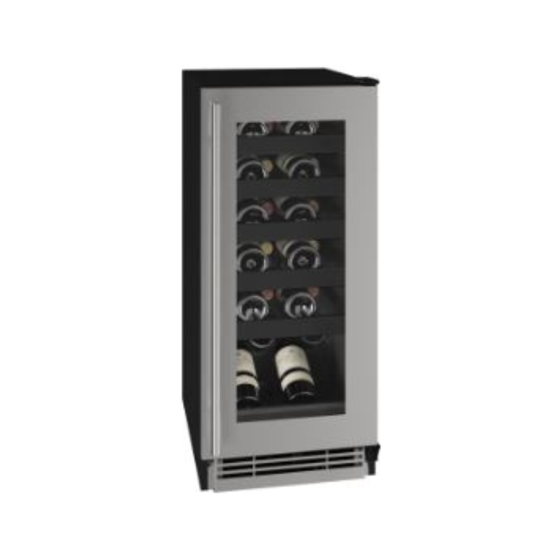 15” Refrigerador de vinos con marco de acero  El sistema de enfriamiento por convección proporciona un enfriamiento rápido y una temperatura constante • Interior negro • La puerta de vidrio termopane doble, llena de gas argón, recubierta de LowE, brinda protección contra la luz ultravioleta dañina • Puerta y manija envolventes de acero inoxidable (7/8 ”de diámetro)