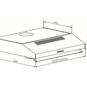 Campana convencional de mueble  90 cm de ancho Fabricada en acero inoxidable Capacidad absorción 500 m3/h Tres (3) velocidades Luz Led 2*2 W Tres (3) filtros anti grasa Funcionamiento: 110V Frecuencia: 60Hz No incluye ducto al exterior Revisar esquemas de empotre en el manual de instalación del producto